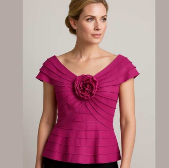 Tadashi Shoji Magenta Pleated Rosette Top Size 8